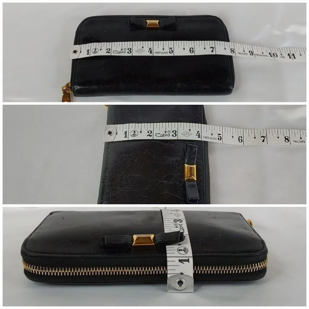 'MIU MIU' BOW-FRONT LEATHER WALLET FULL-ZIP  DISTRESSED ONYX - Picture 13 of 15